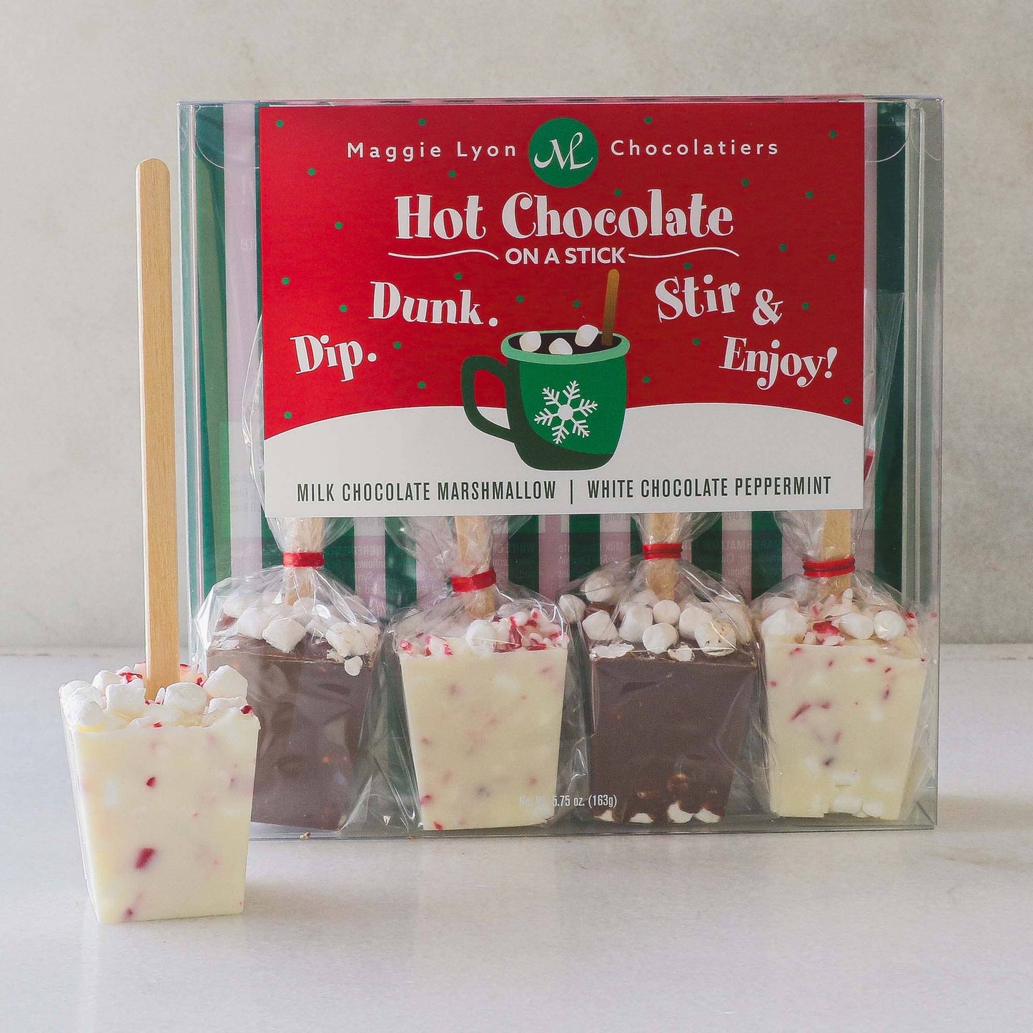 4pc Hot Chocolate on a Stick - White Chocolate Peppermint and Milk Chocolate Marshmallow
