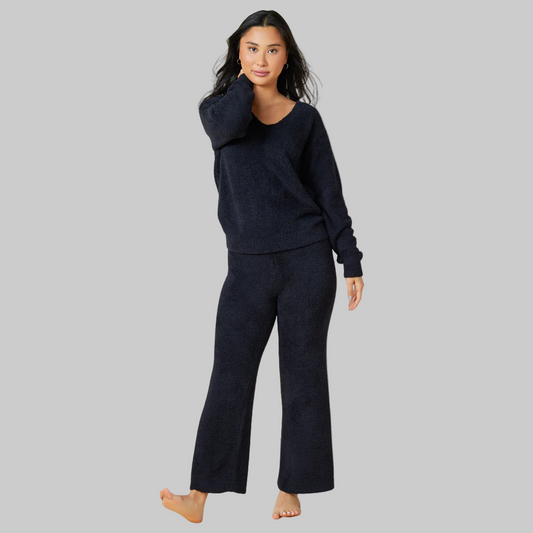 Solid Marshmallow V-Neck Lounge Set- Black