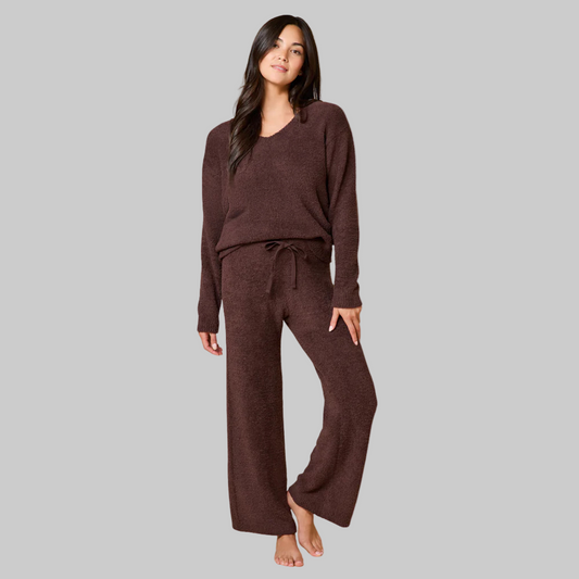 Solid Marshmallow V-Neck Lounge Set- Espresso