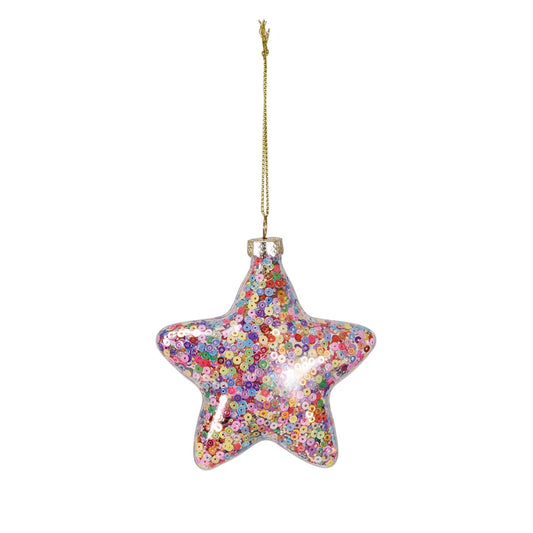 Glass Star Ornament Filled w/ Sequins, Multi Color