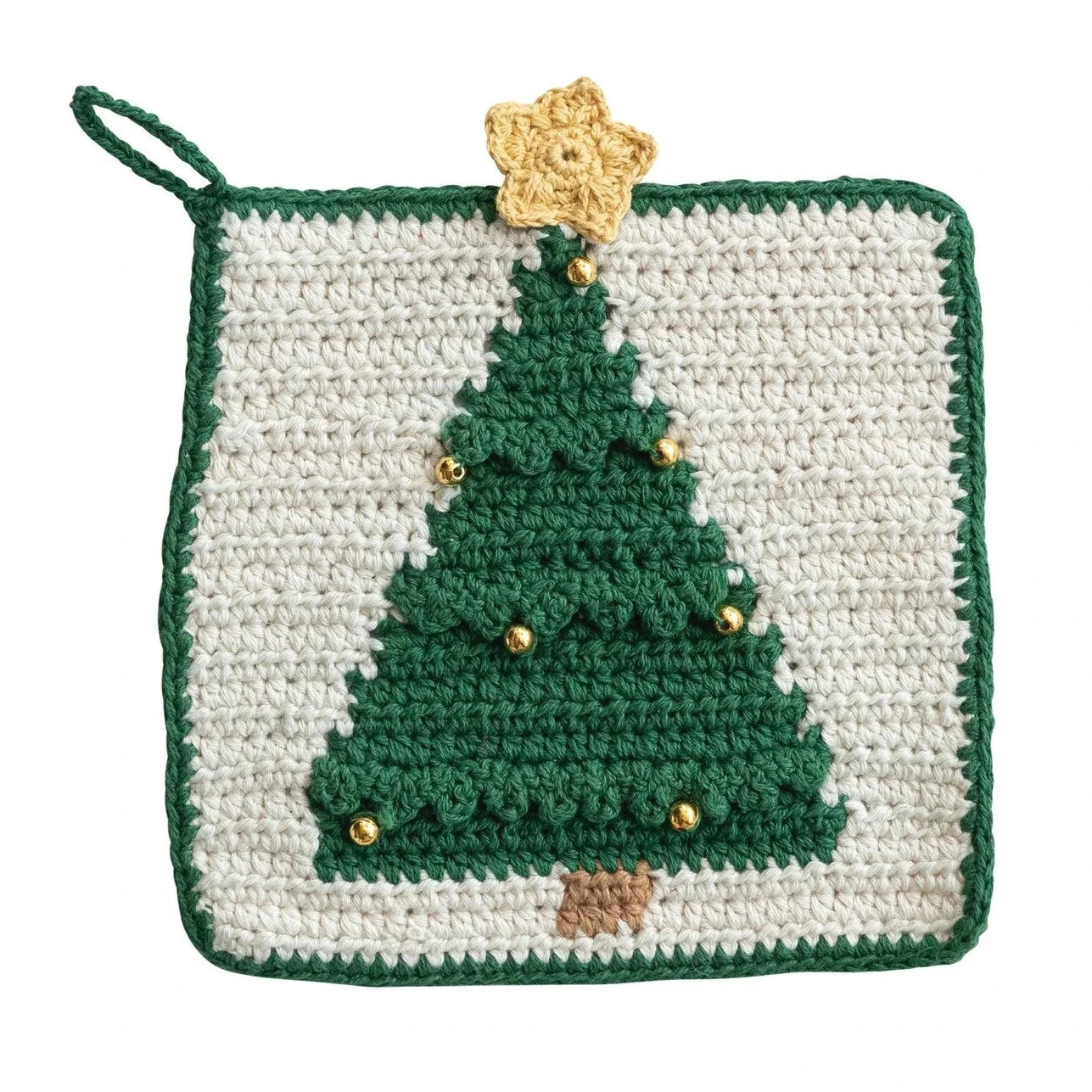 8" Square Cotton Crocheted Pot Holder with Christmas Tree & Beads
