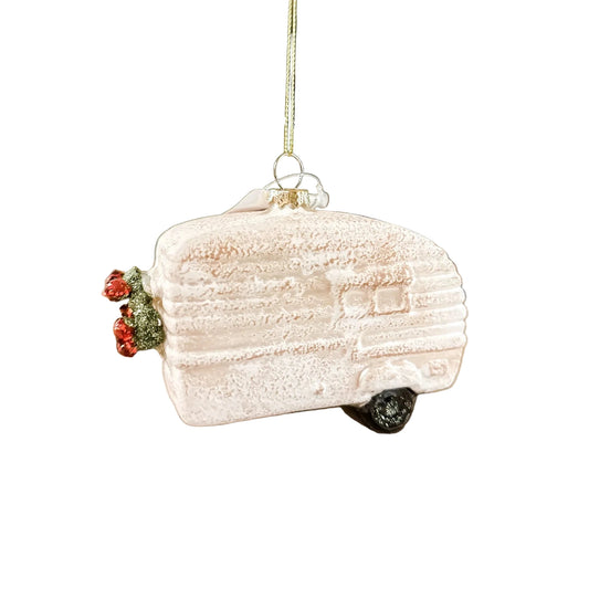 Flocked Glass Camper Ornament with Snow