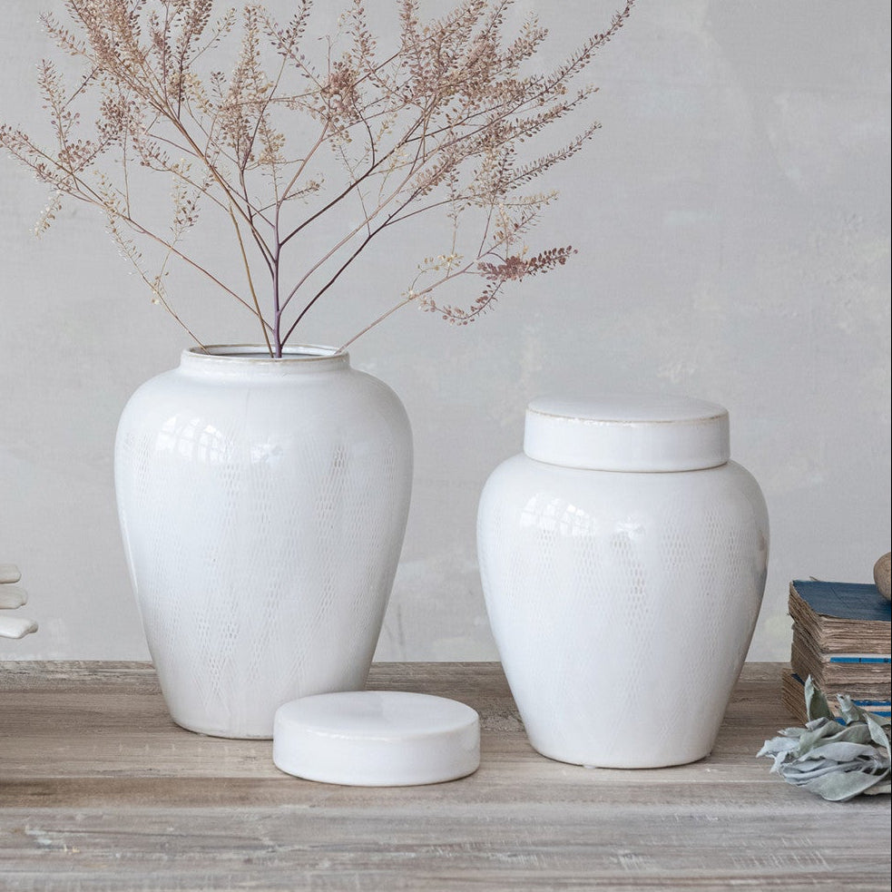 Decorative Debossed Stoneware Ginger Jar with Lid