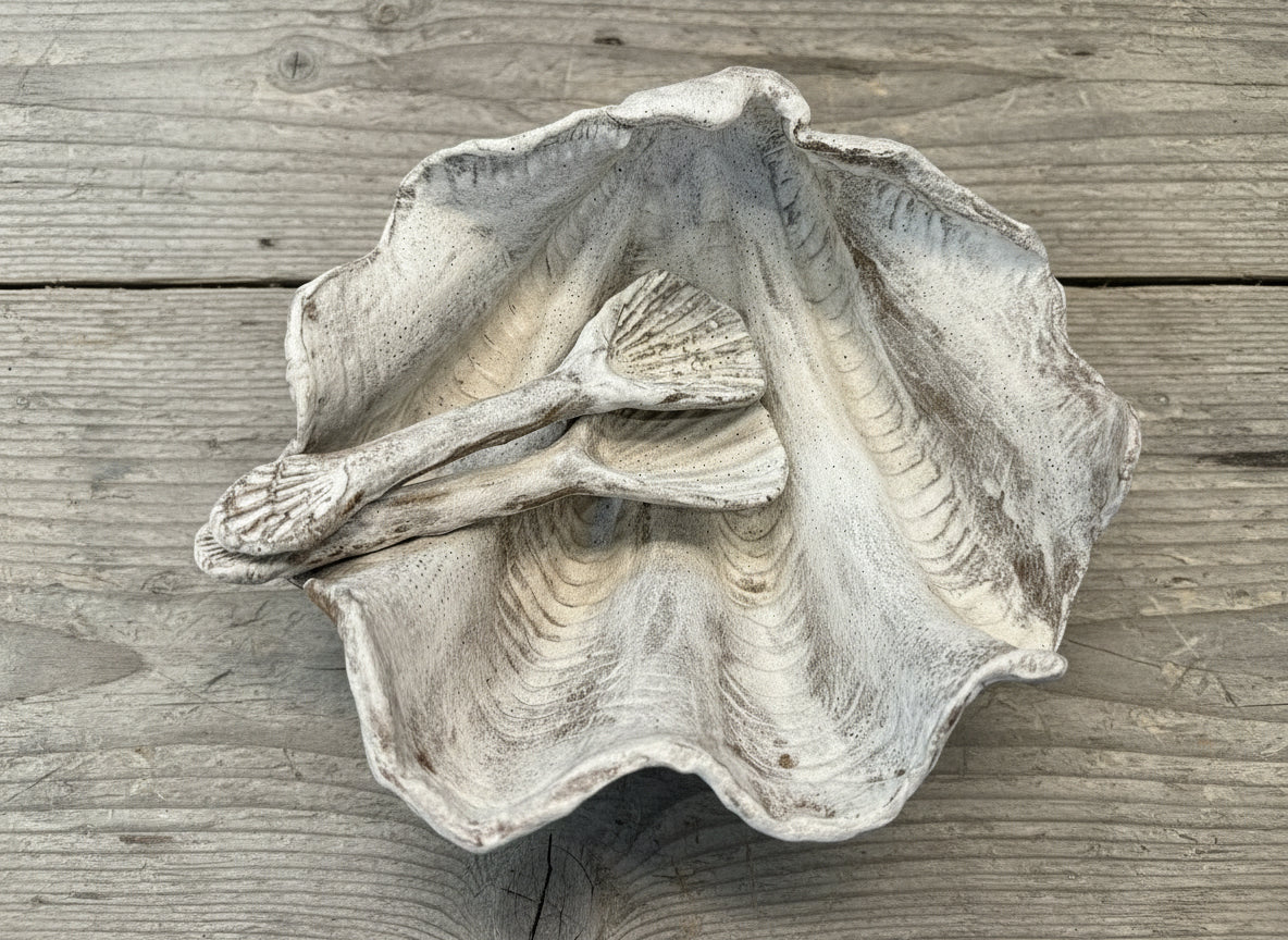 Medium Tridacna Shell with Serving Spoons