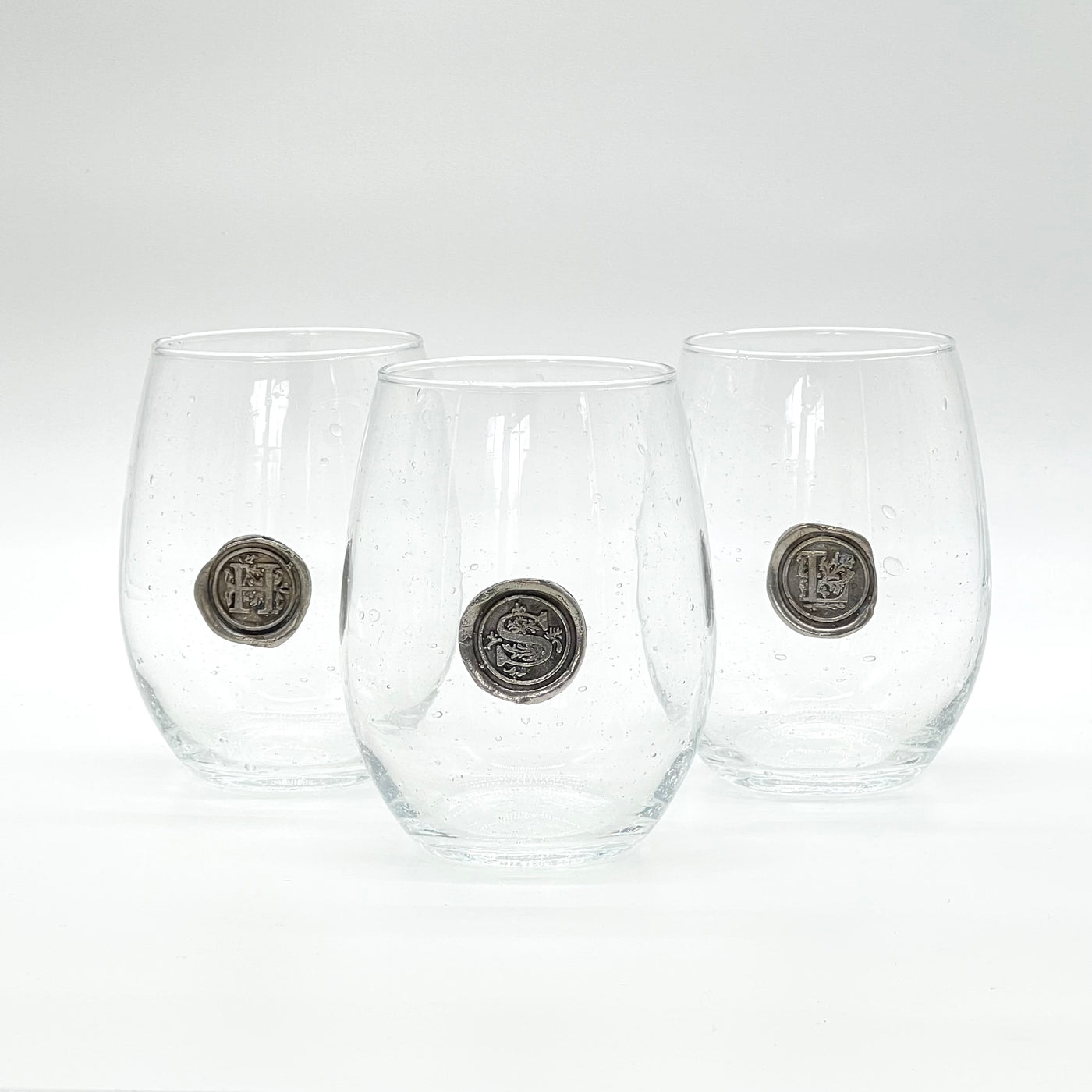 stemless glass with pewter initial